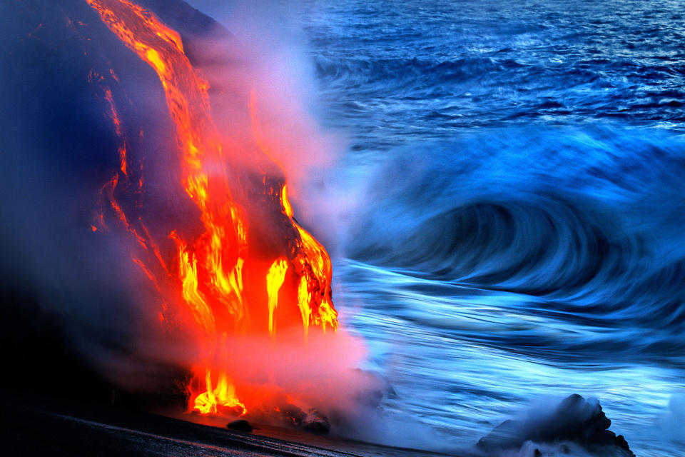 The photographers manage to capture stark, scary images of molten lava against crashing waves. “Not many people die each year, but when they do it's normally in large groups when large chunks of land drop into the sea,” Kale says. (Photos by Caters News Agency)