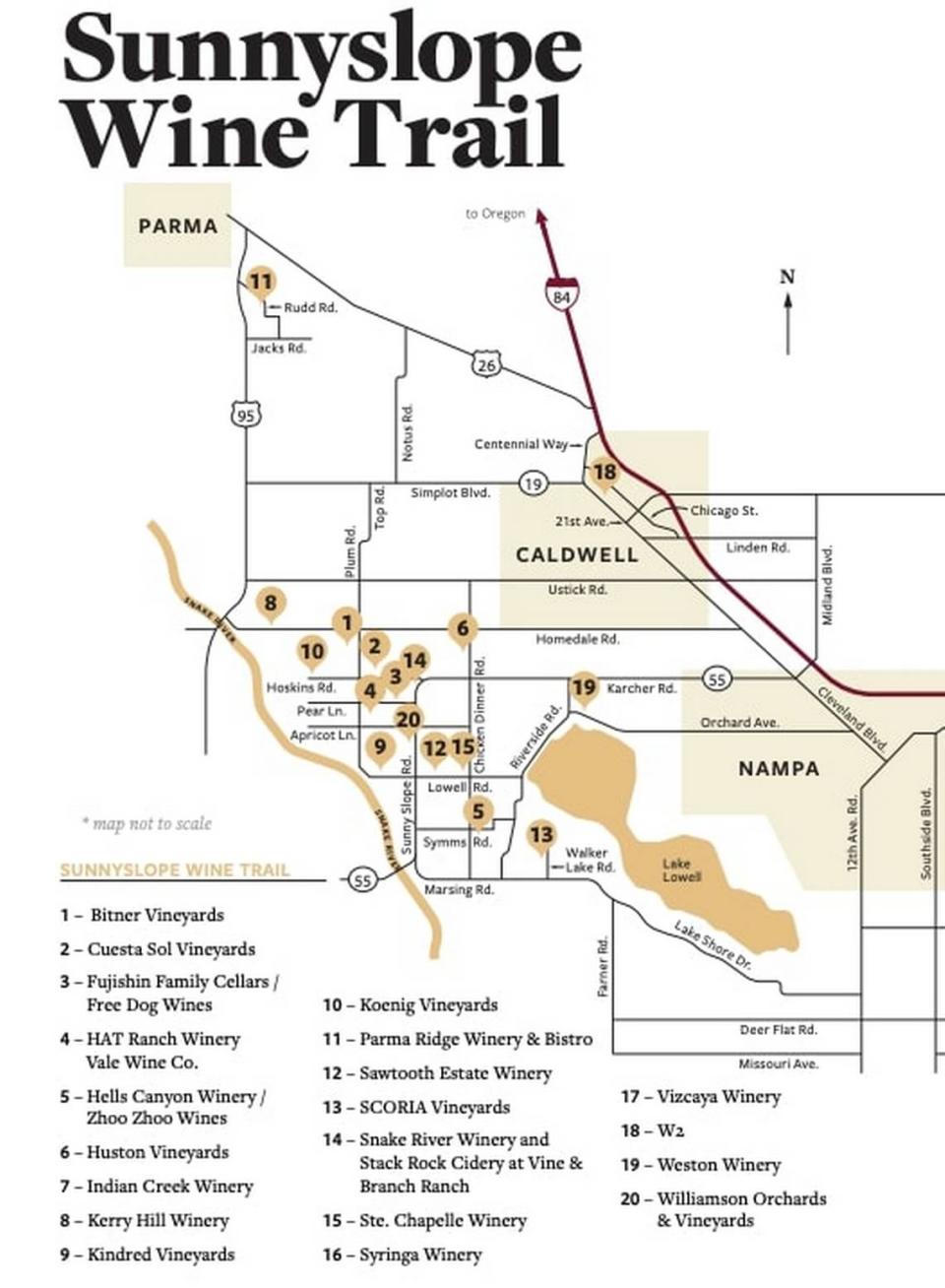 A map of the Sunnyslope Wine Trail, a list of 20 wineries across the Sunnyslope region.