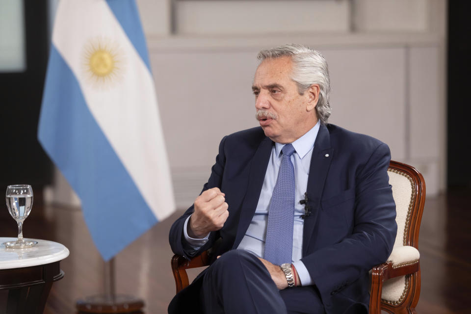 FILE - In this photo released by Xinhua News Agency, Argentine President Alberto Fernandez speaks during an exclusive interview with Xinhua ahead of this attending The Third Belt and Road Forum, in Buenos Aires, Argentina, Oct. 5, 2023. Argentina is one of the countries that have joined the BRI relatively recently, in 2022, seeking Chinese investment in areas such as railways, nuclear energy, solar and hydropower, agriculture and digital infrastructure. (Martin Zabala/Xinhua via AP, File)