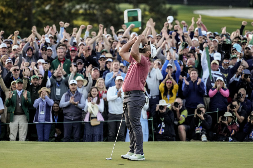 Jon Rahm, of Spain, celebrates on the 18th green after winning the Masters golf tournament at Augusta National Golf Club on Sunday, April 9, 2023, in Augusta, Ga. (AP Photo/Mark Baker)