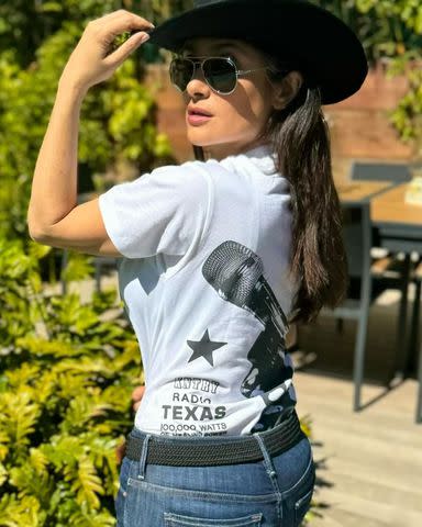 <p>Salma Hayek/Instagram</p> Salma Hayek wears 'Act II: Cowboy Carter' merch on Instagram