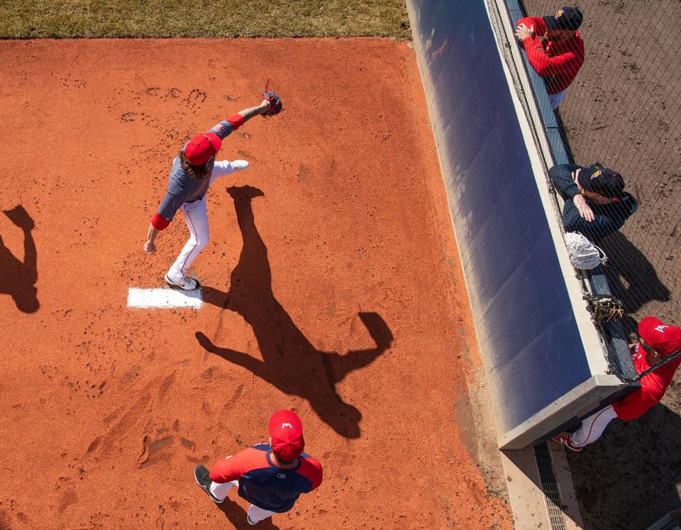 WooSox right-hander Chase Shugart throws in the Polar Park bullpen on Wednesday.