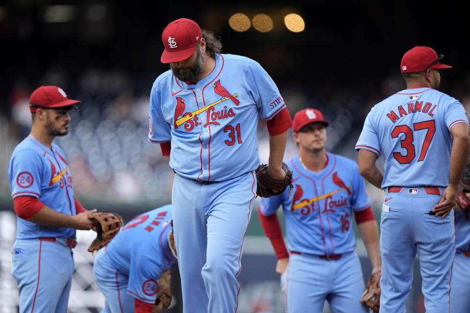 St. Louis Cardinals pitcher Lance Lynn (31) walks off the mound after being pulled during the third inning of a baseball game against the Washington Nationals at Nationals Park, Saturday, July 6, 2024, in Washington. (AP Photo/Mark Schiefelbein)