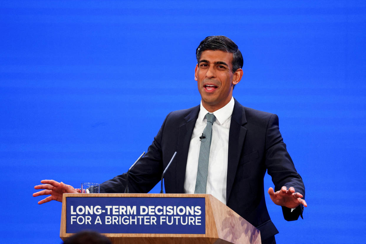 British Prime Minister Rishi Sunak speaks on stage at Britain's Conservative Party's annual conference in Manchester, Britain, October 4, 2023. REUTERS/Toby Melville