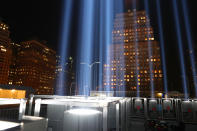 <p>The Tribute in Light art installation consists of 88 searchlights that create two vertical columns of light on Sept. 11, 2017. (Gordon Donovan/Yahoo News) </p>