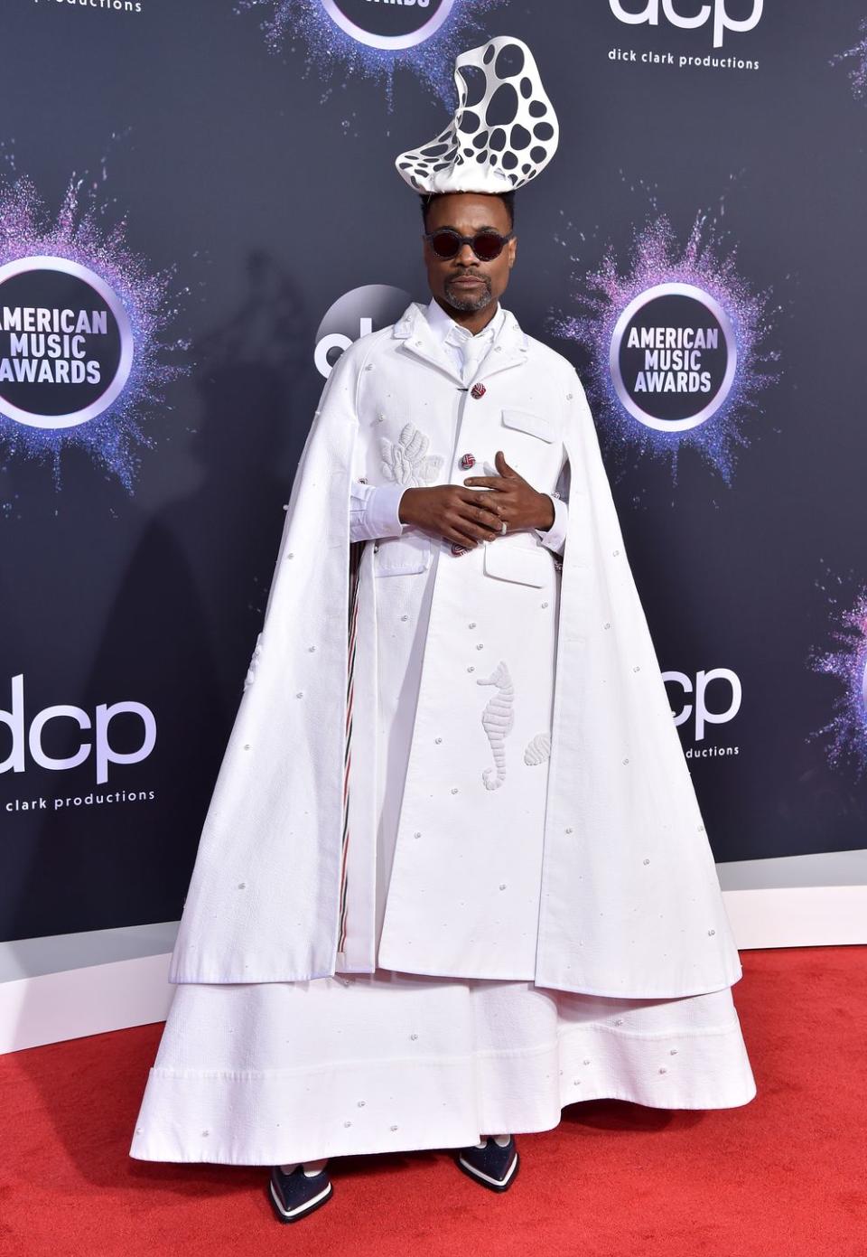 <p>For the AMAs, Porter wore a Thom Browne SS20 menswear white coat, cape and gown, with a Stephen Jones Millinery headpiece and Oscar Heyman ring.</p><p>The star later <a href="https://twitter.com/theebillyporter/status/1198787046174646273?ref_src=twsrc%5Etfw%7Ctwcamp%5Etweetembed%7Ctwterm%5E1198787046174646273&ref_url=https%3A%2F%2Fabc7news.com%2F5716911" rel="nofollow noopener" target="_blank" data-ylk="slk:tweeted;elm:context_link;itc:0;sec:content-canvas" class="link ">tweeted</a> that the look had 'hints of red, white and blue because I'm an American' and introduced Camila Cabello on the night by saying: 'Understated. Low-key. Restrained.</p><p>'That is not how I approach the roles I play or the red carpet. Look at me, I'm an entire mood!'</p>