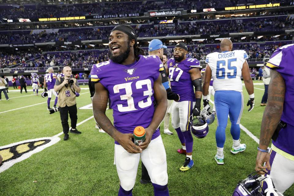 Minnesota Vikings running back Dalvin Cook (33) walks off the field after an NFL football game against the Detroit Lions, Sunday, Dec. 8, 2019, in Minneapolis. The Vikings won 20-7. (AP Photo/Bruce Kluckhohn)