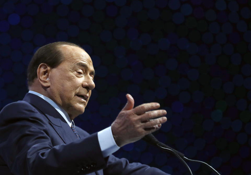 FILE - In this Nov. 21, 2019 file photo, Silvio Berlusconi, Italian former Premier and President of Forza Italia (Go Italy) party speaks during the European Peoples Party (EPP) congress in Zagreb, Croatia. Italy’s former prime minister and right-wing leader Silvio Berlusconi has tested positive to coronavirus after a precautionary check, his press office said on Wednesday, Sept. 2, 2020. The three-time-premier and media tycoon had been recently seen with his old-time friend and businessman Flavio Briatore, who was recently hospitalized after testing positive to Covid-19 last month. Berlusconi had tested negative at the time. (AP Photo/Darko Vojinovic)