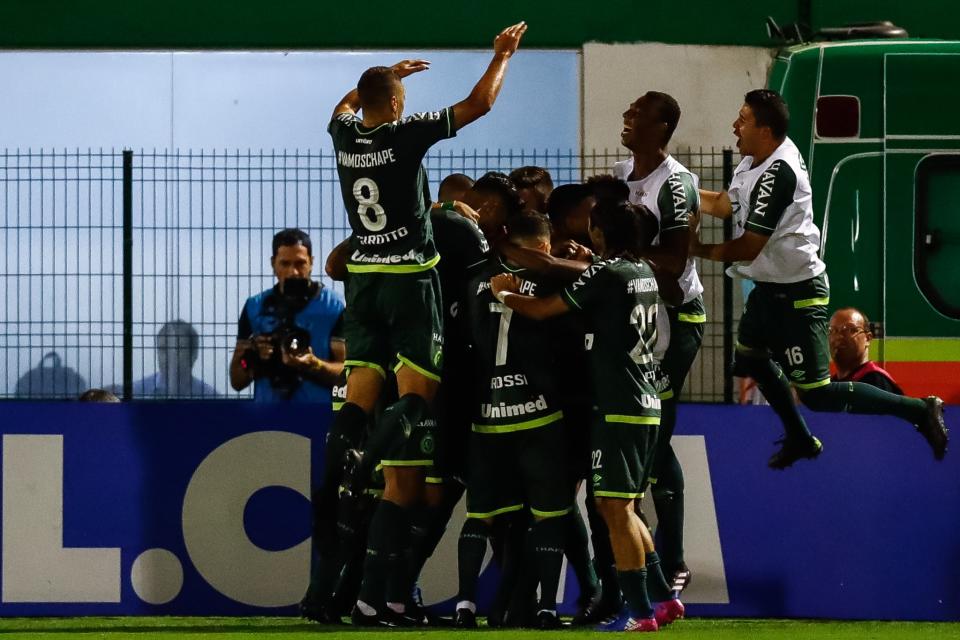 <p>Chapecoense celebrate their winning goal </p>