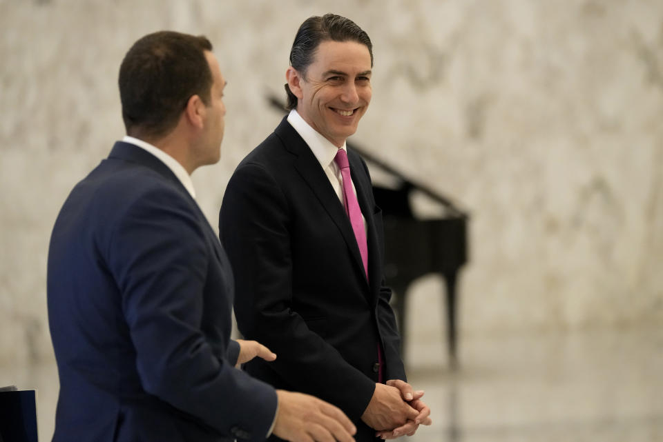 U.S. envoy Amos Hochstein, right, arrives at the presidential palace to meet with Lebanese President Michel Aoun in Beirut, Lebanon, Thursday, Oct. 27, 2022. (AP Photo/Hussein Malla)