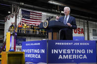 President Joe Biden speaks at the Amtrak Bear Maintenance Facility, Monday, Nov. 6, 2023, in Bear, Del. (AP Photo/Andrew Harnik)