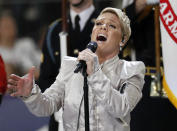 <p>Pink performs the national anthem before the NFL Super Bowl 52 football game between the Philadelphia Eagles and the New England Patriots Sunday, Feb. 4, 2018, in Minneapolis. (AP Photo/Matt York) </p>