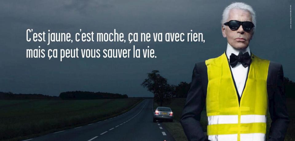 <p>Im Jahr 2008 warb Karl Lagerfeld für Sicherheit im französischen Straßenverkehr. Der Modedesigner ließ sich dafür in einer gelben Warnweste ablichten. Mit der Kampagne wollte die Regierung Frankreichs auf die neue Vorschrift aufmerksam machen, eine Warnweste im Wagen mitzuführen. (Bild: http://www.securite-routiere.gouv.fr/) </p>