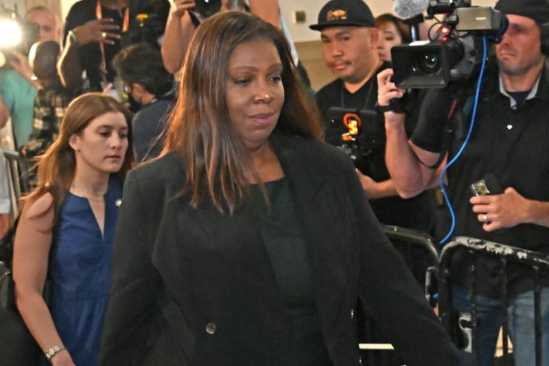 New York State Attorney Genera Letitia James arrives at State Supreme Court in the multi-million-dollar business fraud trial against former President Donald Trump. The case, brought last September by James, accuses Trump, his eldest sons and his family business of inflating Trump's net worth by more than $2 billion by overvaluing his real estate portfolio. Photo by Louis Lanzano/UPI