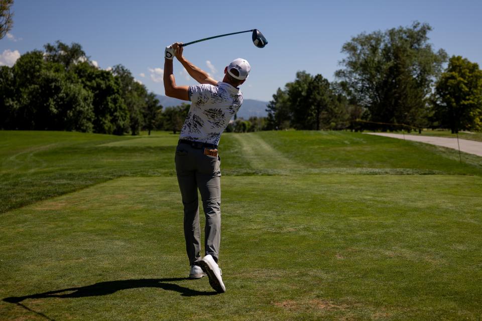 Kevin Dougherty hits a tee shot during the Utah Championship, part of the PGA Korn Ferry Tour, at Oakridge Country Club in Farmington on Saturday, Aug. 5, 2023. | Spenser Heaps, Deseret News