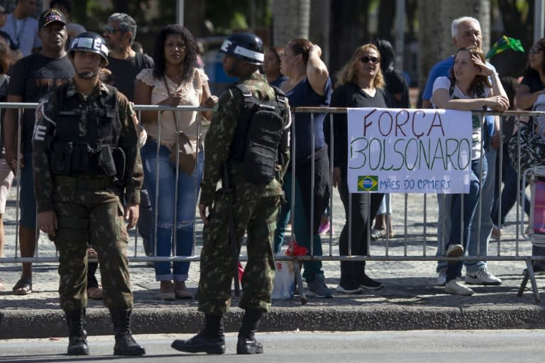 A banner supporting Brazilian presidential candidate Jair Bolsonaro during a military parade to commemorate Brazil's Independence Day in downtown Rio de Janeiro