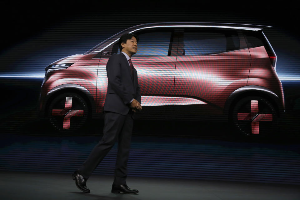Kunio Nakaguro, executive vice president for Nissan Motor Corp., speaks during Nissan's presentation of the media preview of the Tokyo Motor Show Wednesday, Oct. 23, 2019, in Tokyo. (AP Photo/Kiichiro Sato)