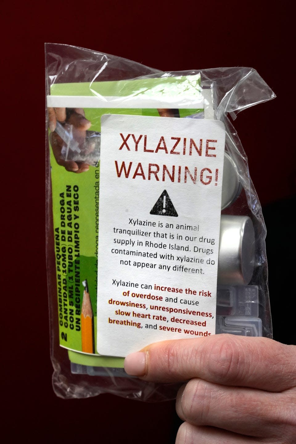 A fentanyl drug testing kit warns about the dangers of the animal sedative xylazine, which has been found in many fentanyl combination drugs.