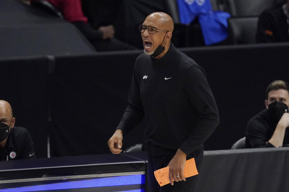 Phoenix Suns head coach Monty Williams yells to his team during the second half in Game 4 of the NBA basketball Western Conference Finals against the Los Angeles Clippers Saturday, June 26, 2021, in Los Angeles. (AP Photo/Mark J. Terrill)