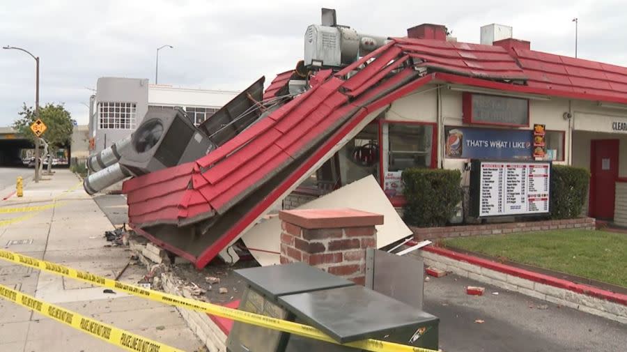 The major destruction caused after a DUI driver crashed into a police car, sending it crashing in Art's Burgers in El Monte on April 11, 2024. (KTLA)