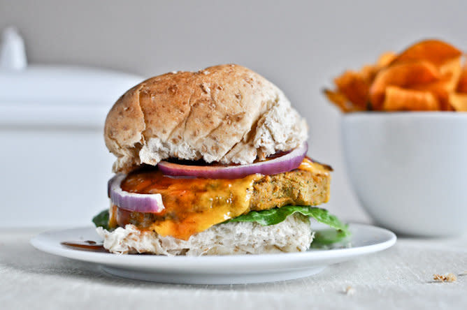 Get the <a href="http://www.howsweeteats.com/2012/03/bbq-cheddar-chickpea-burgers/" target="_blank">BBQ Cheddar Chickpea Burgers recipe</a> from How Sweet It Is