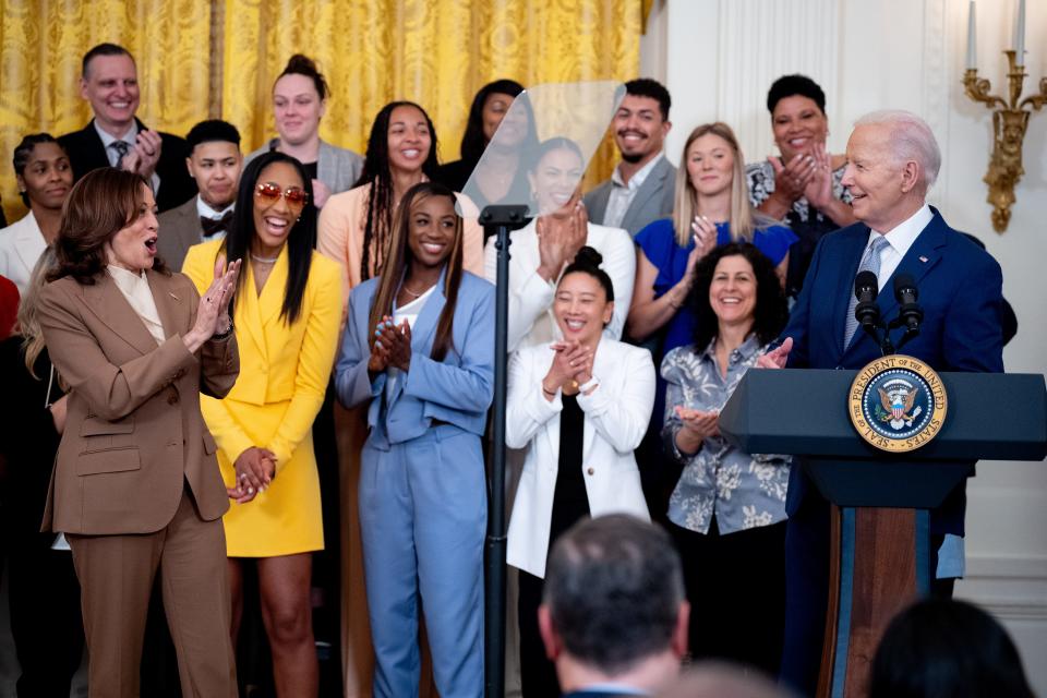 President Joe Biden, accompanied by U.S. Vice President Kamala Harris (L), speaks during a ceremony to celebrate the WNBA Champion Las Vegas Aces in the East Room of the White House on May 9, 2024 in Washington, DC. The Las Vegas Aces defeated the New York Liberty 70-69 in Game 4 of the 2023 WNBA Finals on October 18, 2023 at Barclays Center in Brooklyn, New York.