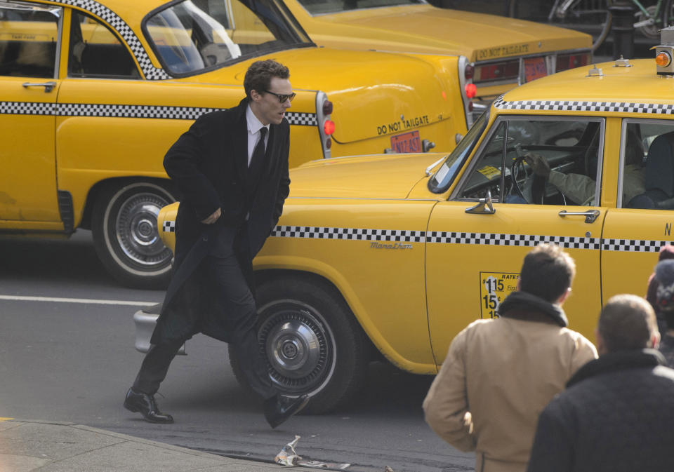 British actor Benedict Cumberbatch shoots scenes in Glasgow which has been transformed into New York City for filming of the TV show “Melrose”, in Scotland, Sunday Oct. 29, 2017. (John Linton/PA via AP)