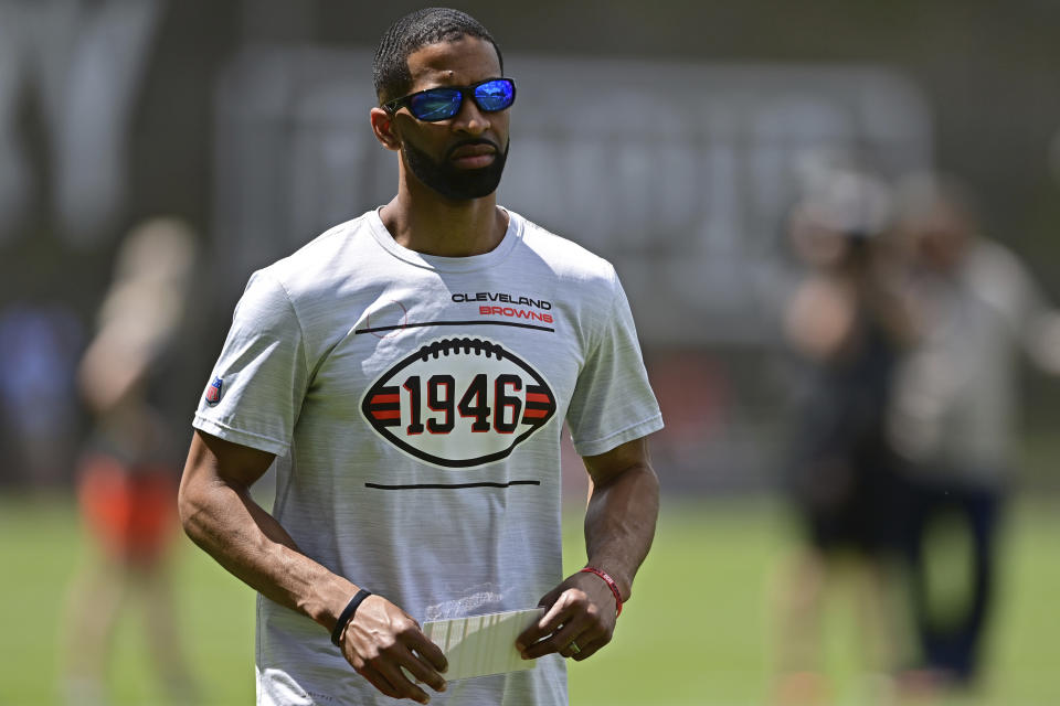 Cleveland Browns general manager Andrew Berry watches during the NFL football team's rookie minicamp, Friday, May 13, 2022, in Berea, Ohio. (AP Photo/David Dermer)