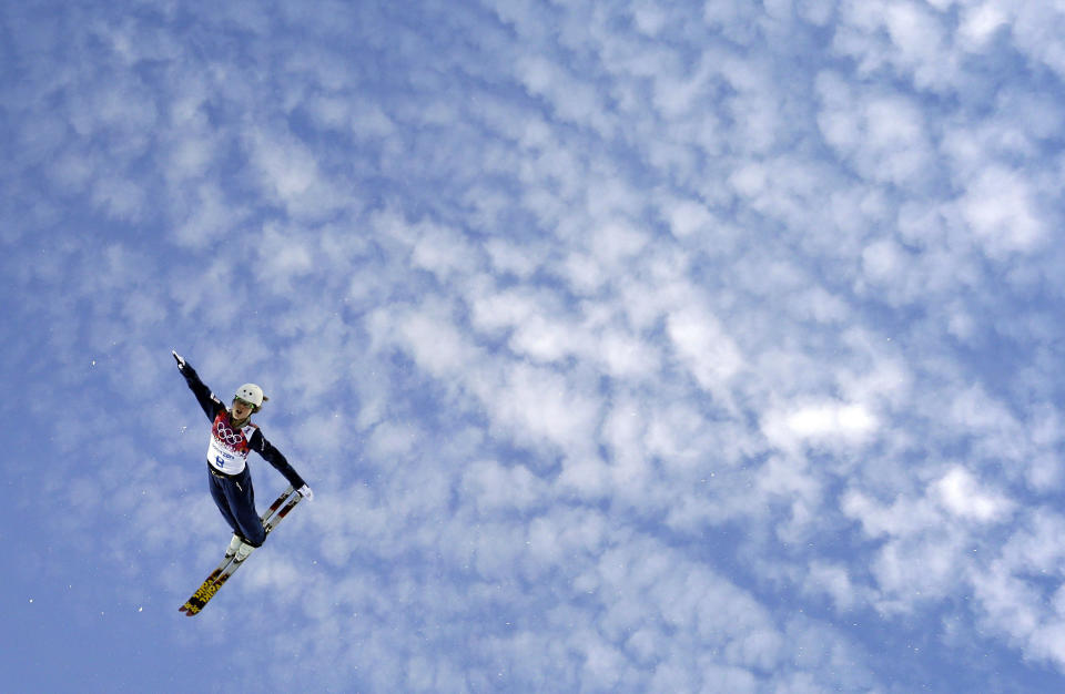 Ashley Caldwell of the United States jumps during women's freestyle skiing aerials training at the Rosa Khutor Extreme Park, at the 2014 Winter Olympics, Friday, Feb. 14, 2014, in Krasnaya Polyana, Russia. 