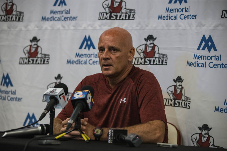 New Mexico State football head coach Doug Martin speaks on NMSU Campus on Thursday, July 29, 2021, at a media day before the first day of practice.