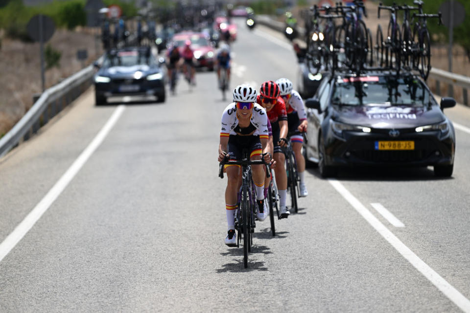 LA RODA SPAIN  MAY 03 Mavi Garcia of Spain and Team Liv Racing Teqfind leads the attack during the 9th La Vuelta Femenina 2023 Stage 3 a 1578km stage from Elche de la Sierra to La Roda  UCIWWT  on May 03 2023 in La Roda Spain Photo by Dario BelingheriGetty Images