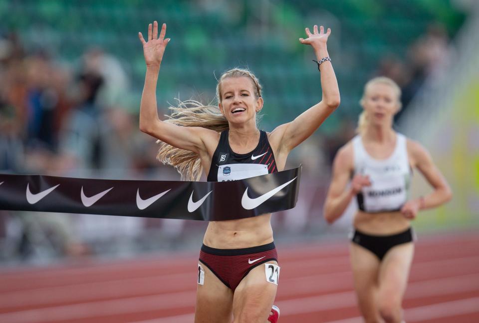Karissa Schweizer crosses the finish line to win the women's 10,000 meters at the 2022 Prefontaine Classic Friday, May 27, 2022, at Hayward Field.