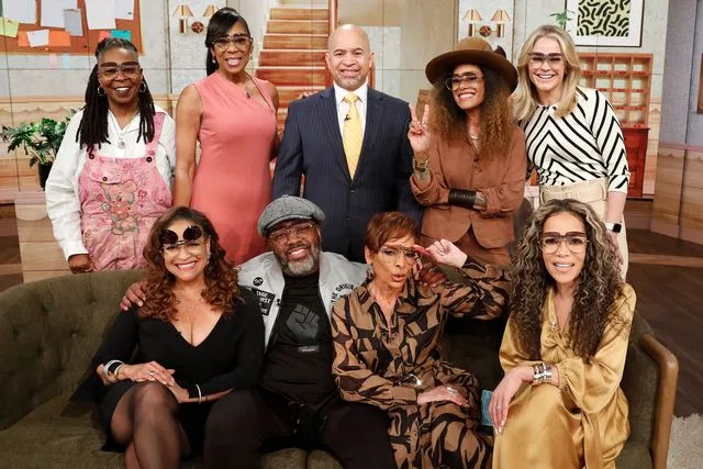 Whoopi Goldberg (top left), Dawnn Lewis, Darryl Bell, Cree Summer, Sara Haines, Debbie Allen (bottom left), Kadeem Hardinson, Jasmine Guy and Sunny Hostin