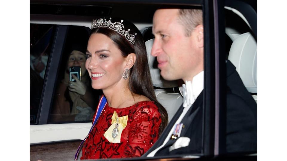 Kate Middleton wearing a tiara in a car with Prince William