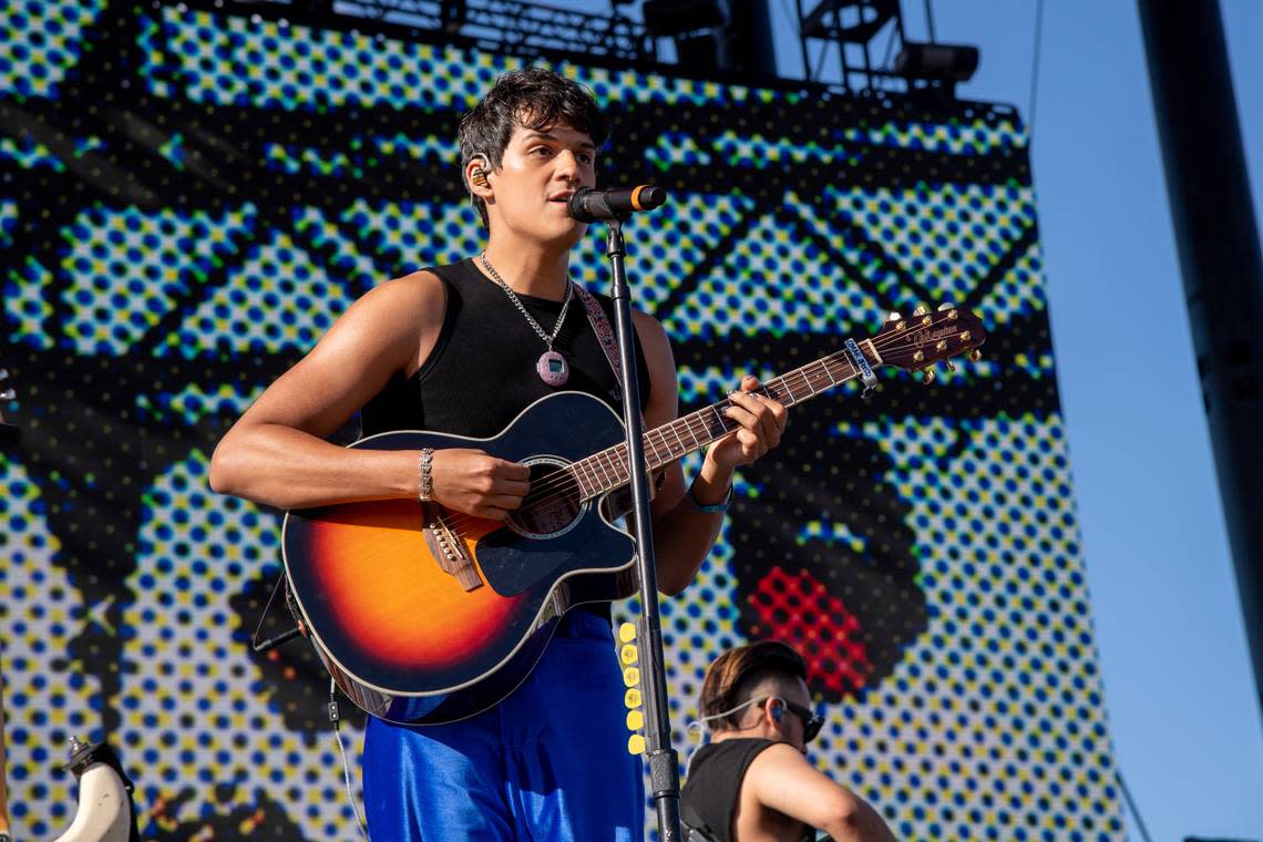 Omar Apollo performs at the Coachella Music & Arts Festival at the Empire Polo Club on Friday, April 22, 2022, in Indio, Calif. (Photo by Amy Harris/Invision/AP)