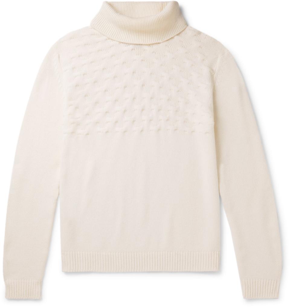 White, cable-knit cashmere rollneck sweater, £510.
