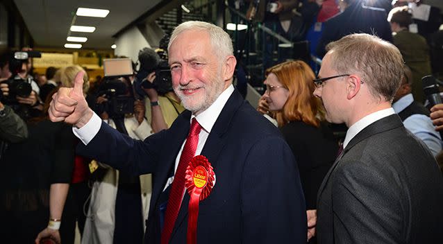 A very happy looking Labour leader Jeremy Corbyn arrives at the Sobell Leisure Centre in Islington, north London, where counting is taking place for the General Election. Picture: AAP