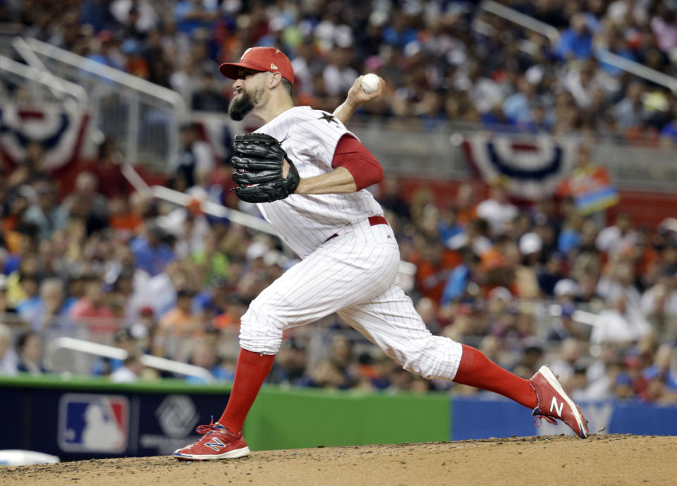 National League’s Philadelphia Phillies pitcher Pat Neshek (17), throw the ball during the second inning at the MLB baseball All-Star Game, Tuesday, July 11, 2017, in Miami. (AP Photo/Lynne Sladky)