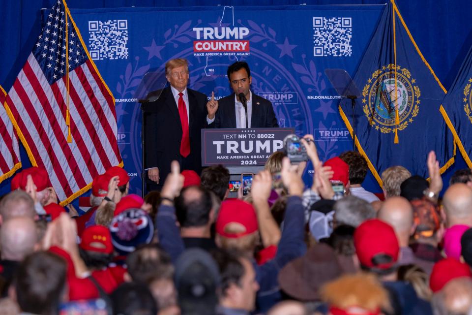 Former President Donald Trump and former GOP presidential candidate Vivek Ramaswamy at a Trump campaign rally in Atkinson, N.H., on Jan. 16, 2024, a week before New Hampshire holds its primary.