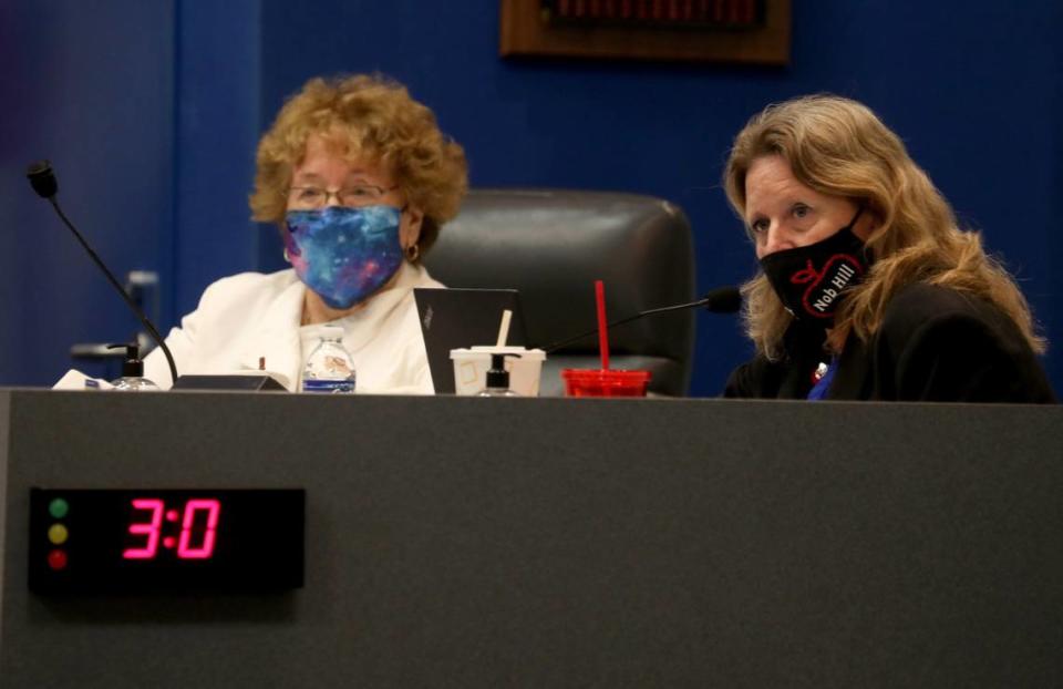 Broward School Board members Ann Murray, left, and Debra Hixon attend a meeting where the Broward School Board approved, in a 5-4 vote, a $754,900 exit package for Superintendent Robert Runcie on Tuesday, May 11, 2021, in Fort Lauderdale. On April 15, Runcie was indicted by a grand jury on a perjury charge. His last day is scheduled to be Aug. 10, although he is expected to stop serving as superintendent once an interim replacement is named.