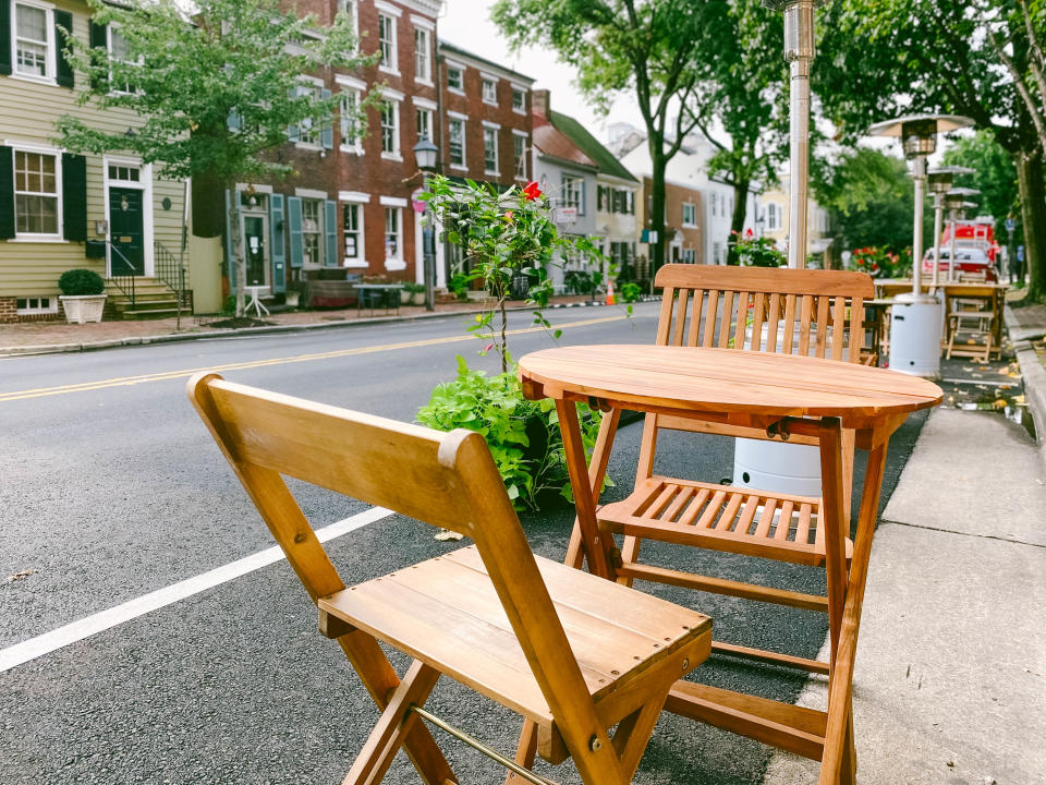 Close-up of restaurant's expanded outdoor dining space during COVID-19 pandemic