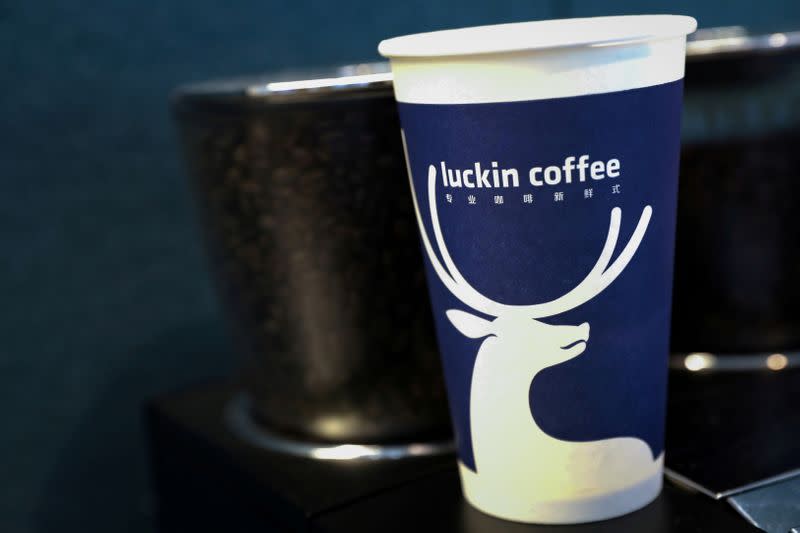 FILE PHOTO: A cup of 'Luckin Coffee,' coffee is displayed during the company's IPO at the Nasdaq Market site in New York