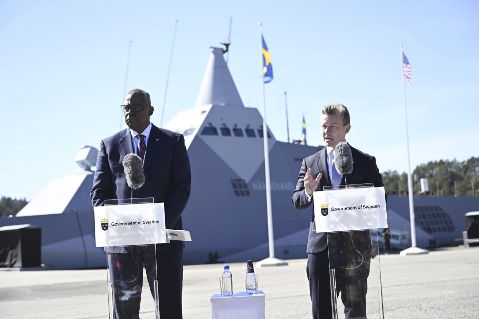 US Secretary of Defense, Lloyd J. Austin III, and Sweden's Minister for Defence, Pål Jonson, hold a joint press conference at the Muskö Naval Base, in Stockholm, Sweden, Wednesday, April 19, 2023. (Fredrik Sandberg/TT News Agency via AP)