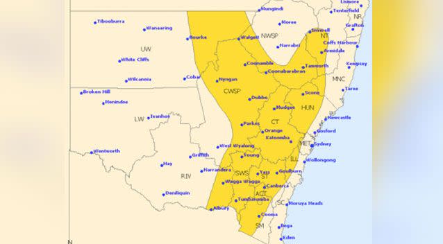 Large parts of NSW will be battered by heavy storms with a severe warning weather sent out. Source: BOM