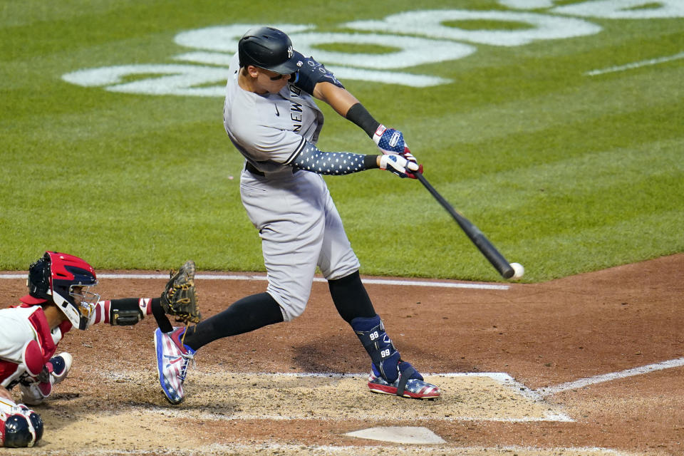 New York Yankees' Aaron Judge hits an RBI single off Pittsburgh Pirates starting pitcher Jose Quintana during the fifth inning of a baseball game in Pittsburgh, Tuesday, July 5, 2022. (AP Photo/Gene J. Puskar)