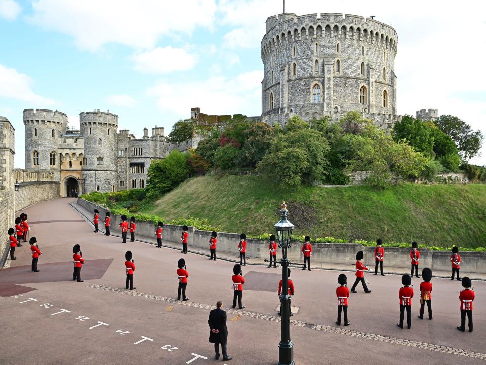 The Coldstream Guards outside the Garter Tower at Windsor Castle on September 19, 2022 in Windsor, England.