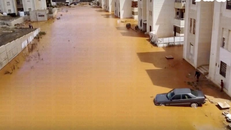 Streets are flooded after being hit by storm Daniel in Marj, Libya, Monday, Sept. 11, 2023.