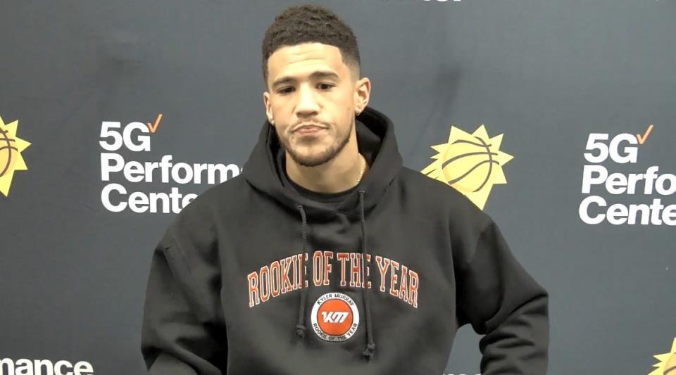 Devin Booker wearing Kyler Murray hoodie after a March 3 practice at Phoenix Suns practice facility.