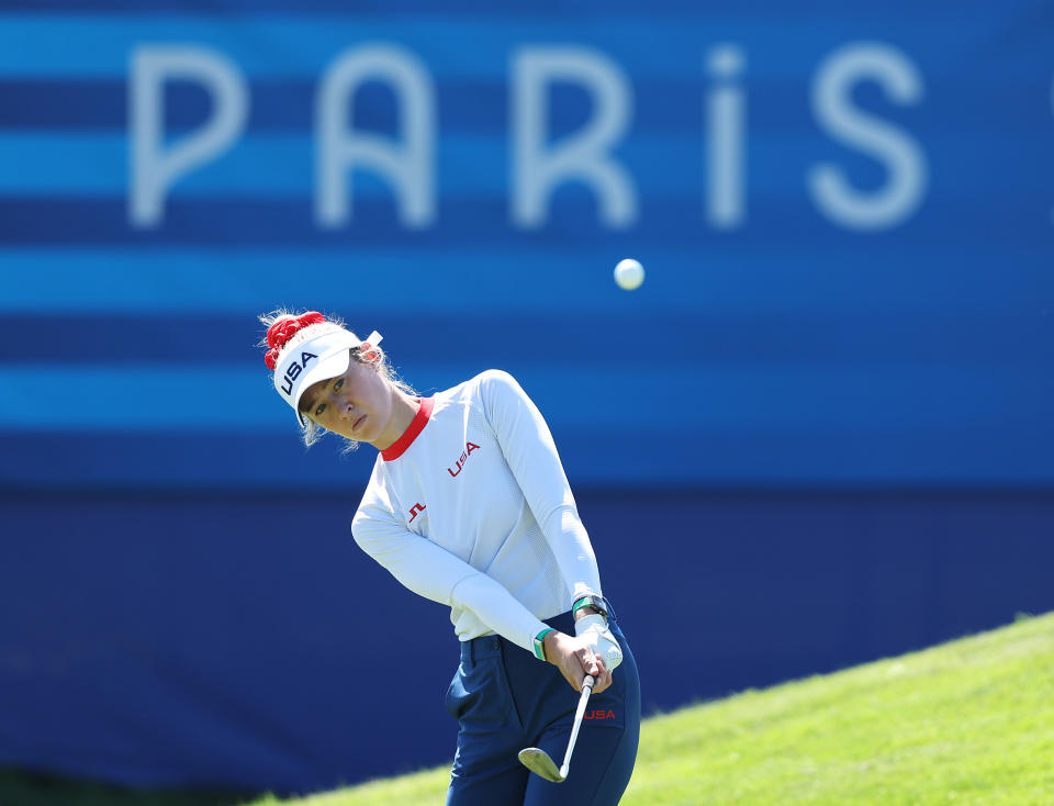 PARIS, FRANCE – AUGUST 05: Nelly Korda of Team USA chips onto the ninth green during a practice round prior to the Women's Individual Stroke Play on day ten of the Paris 2024 Olympic Games at Le Golf National on August 5, 2024 in Paris, France. (Photo by Kevin C. Cox/Getty Images)