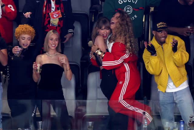 <p>Rob Carr/Getty</p> Taylor Swift, Ice Spice and Blake Lively celebrate during Chiefs touchdown at Super Bowl 2024.